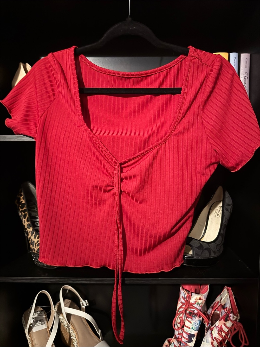 SHEIN Red Ribbed Tie-Front Cropped Short Sleeve Top
